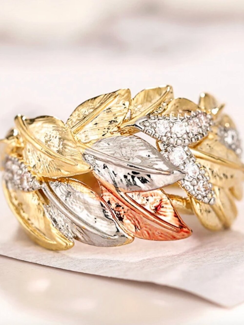NEW 18k Yellow White Rose Gold Diamond Ring Band Leaves Textured Ring